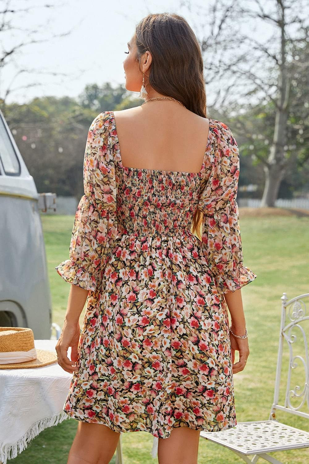 Women'S Floral Summer Dresses Square Neck Puff Sleeve A-Line Casual Short Mini Dress