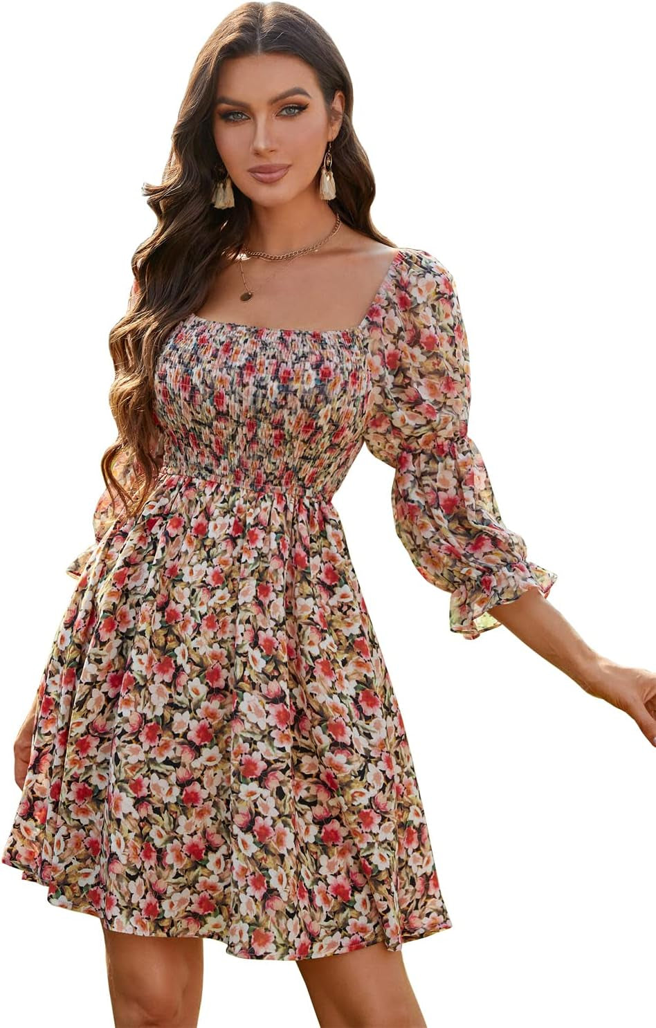 Women'S Floral Summer Dresses Square Neck Puff Sleeve A-Line Casual Short Mini Dress