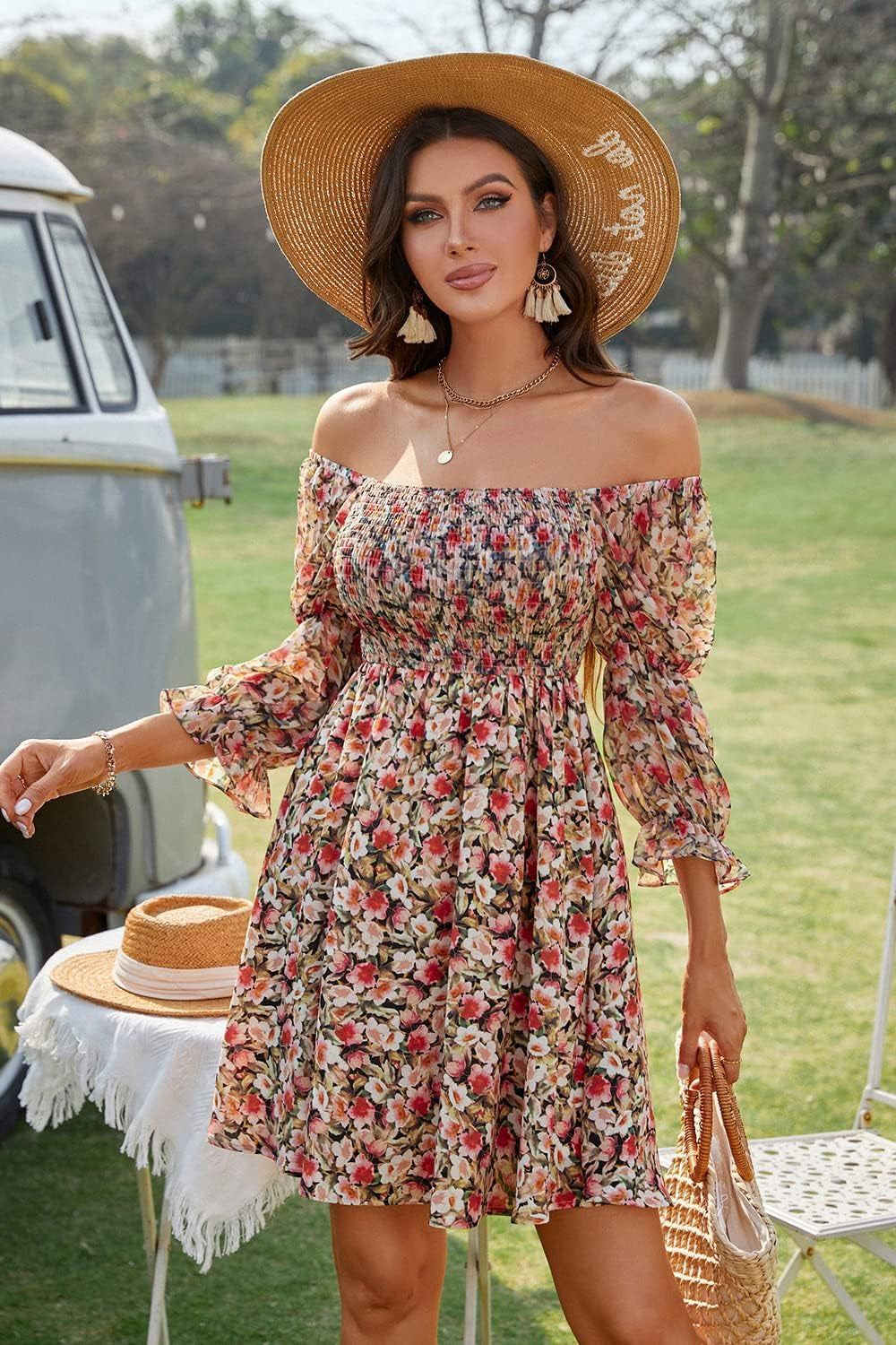 Women'S Floral Summer Dresses Square Neck Puff Sleeve A-Line Casual Short Mini Dress