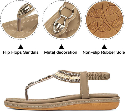 Womens Sandals Dressy Summer: Women Comfortable Walking Flat Bohemian T-Strap Ladies Casual Comfy Sandals