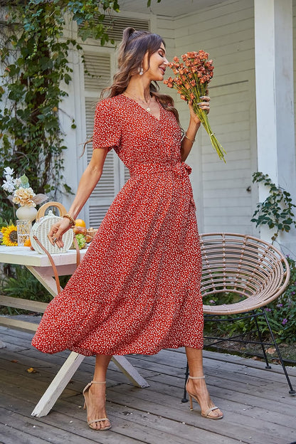 Women'S Summer Floral Boho Maxi Dress Wrap Short Sleeve V Neck Ruffle A-Line Flowy Wedding Guest Long Dresses