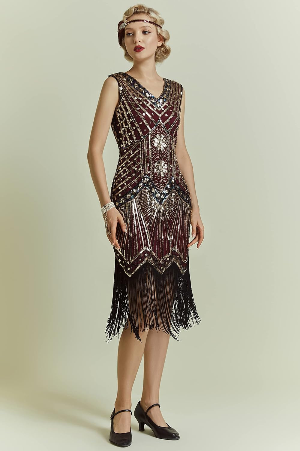 Women'S Flapper Dresses 1920S V Neck Beaded Fringed Great Gatsby Dress