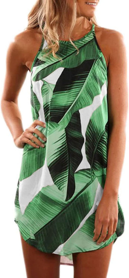 Womens Halter Palm Leaf Floral Casual Dresses Summer Beach Dress Sleeveless Short Sundresses XS-XL