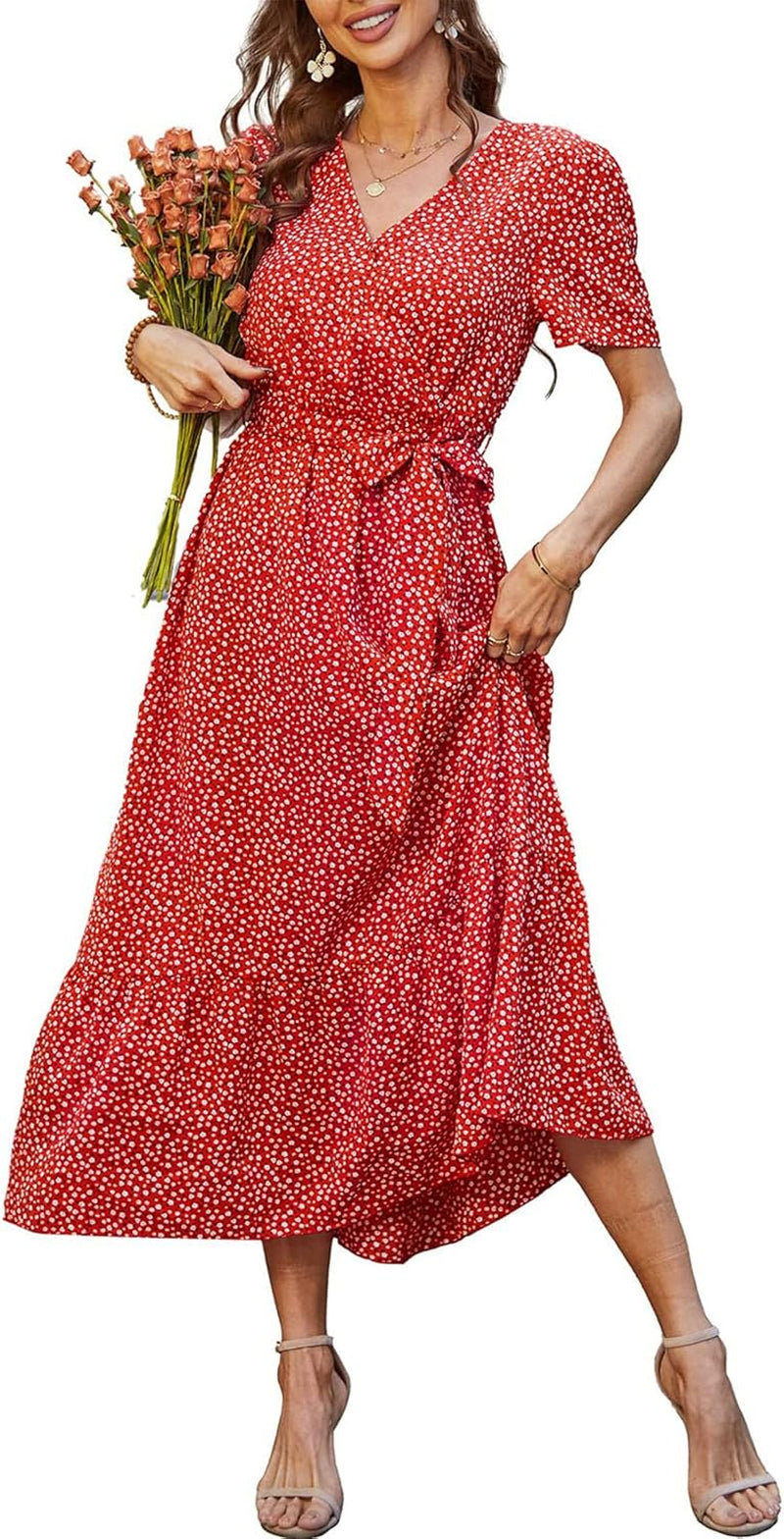 Women'S Summer Floral Boho Maxi Dress Wrap Short Sleeve V Neck Ruffle A-Line Flowy Wedding Guest Long Dresses
