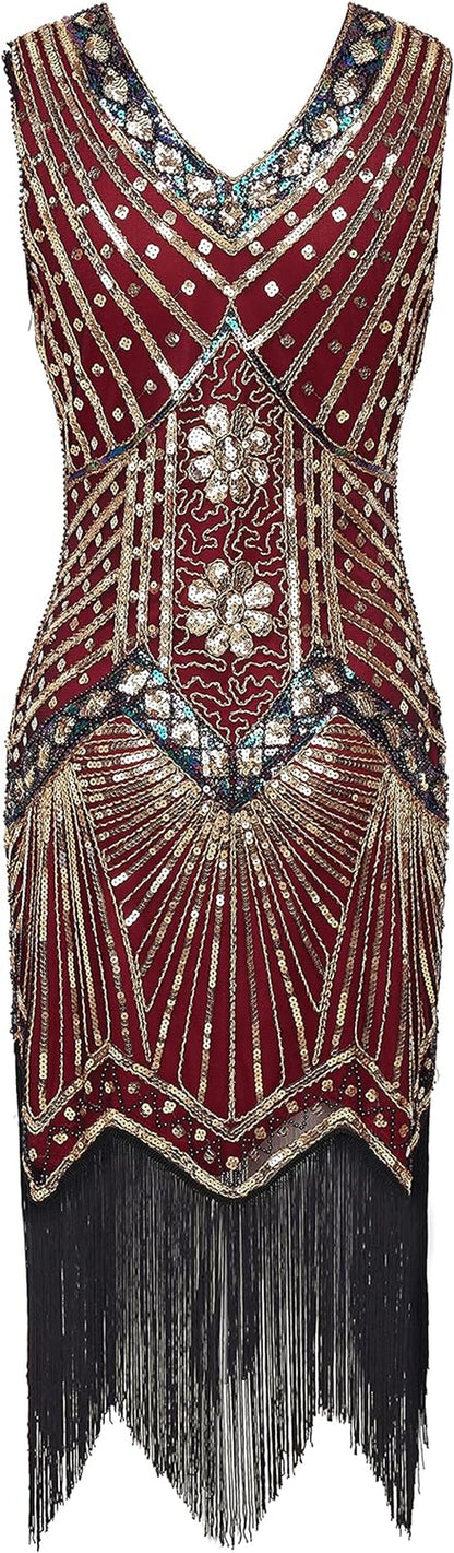 Women'S Flapper Dresses 1920S V Neck Beaded Fringed Great Gatsby Dress