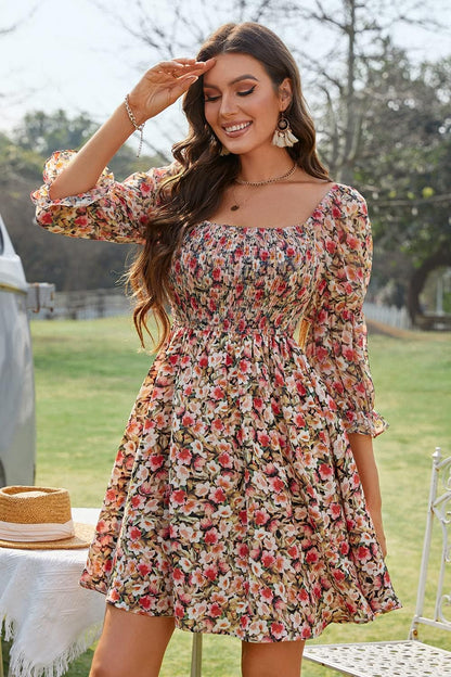 Women'S Floral Summer Dresses Square Neck Puff Sleeve A-Line Casual Short Mini Dress